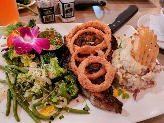 Ribeye steak with mixed green veggies and mashed potatoes