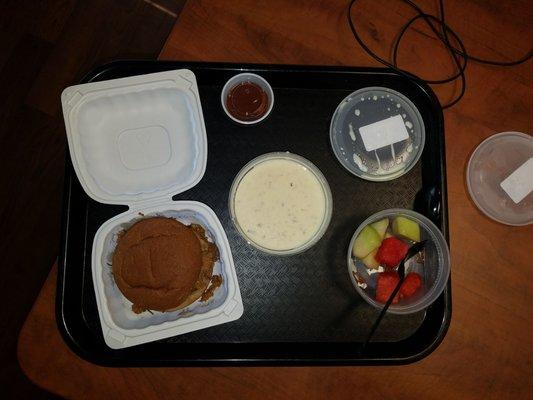 Covance study lunch - barbecue brisket sandwich, some sort of soup, and fresh cut fruit