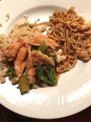 Chicken fried rice, house special Lo mein and chicken broccoli. Don't mind the rice scattered all over my plate, I was hungry.