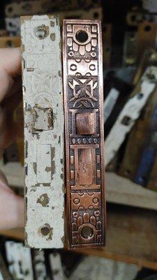 Before and after refinishing of antique mortise lock