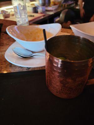 Empty lobster bisque and Moscow Mule.  Very good!  Friendly and personab service, we will be back.  Carpaccio and ahi was good as well!!!!!!