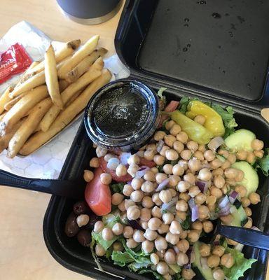 Greek Salad with no cheese and added chickpeas. And fries.