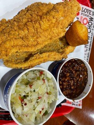 Southern Fried Catfish plate with slaw and Baked Beans