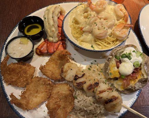 Lobster, scallops and  shrimp feast.