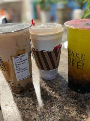 Hokkaido Black Milk Tea (iced) with boba, Hokkaido Black Milk Tea (hot) no boba, & Jasmine Green Tea with golden boba and boba