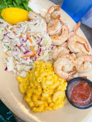 Shrimp dinner (grilled & no seasoning) with coleslaw and Mac and cheese.