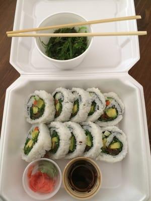 My vegan take-out order. Vegetable rolls and wakame salad. Delicious!