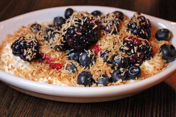 Fresh berries with mascarpone and toasted coconut.