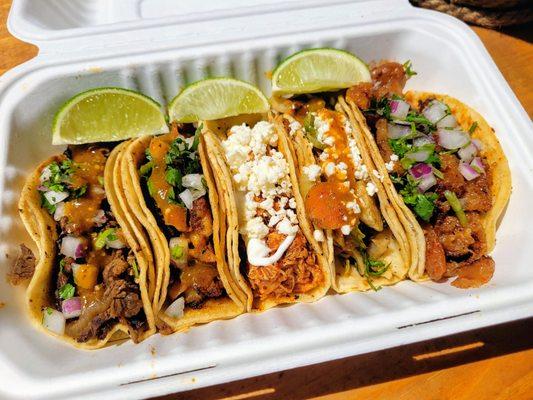 Taco Combo: Steak, Chorizo, Chicken, Brussel Spouts & Pork Rinds