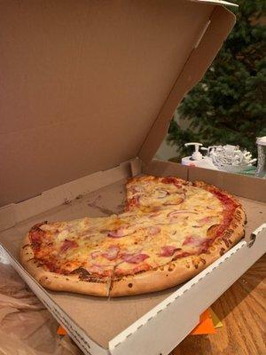 Large Fiftieth State (Canadian Bacon & Pineapple) with extra cheese and onions