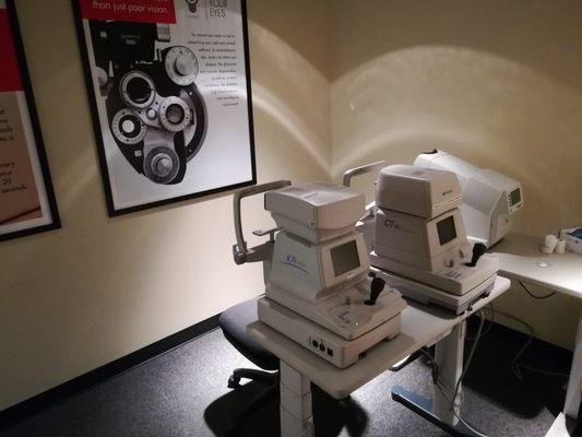 A variety of machines to measure visual field, eye pressure, and the curvature of the eye.