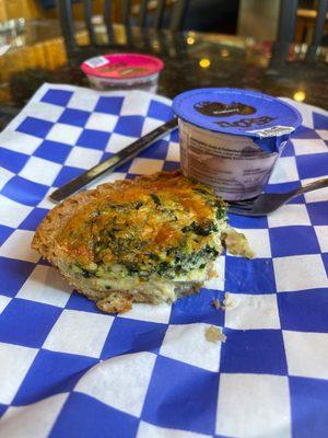 Spinach and cheese quiche with yogurt on the side