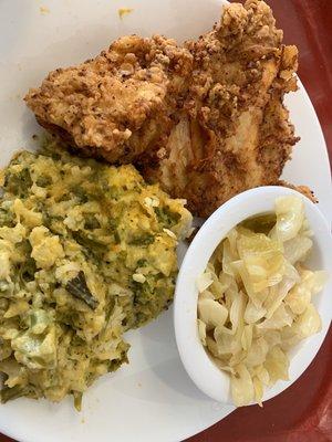 Fried chicken breast, broccoli & rice and cabbage