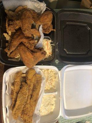 Small Chicken Dinner 4 pcs w/ fries + slaw ($9) Fried Catfish Dinner 4 Pcs w/ fries + slaw ($10)