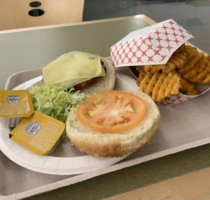 Turkey burger and waffle fries