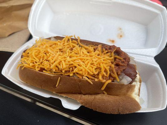 Regular size coney dog (chilli, cheese and onion). Had a slight sweet taste but overall was pretty good