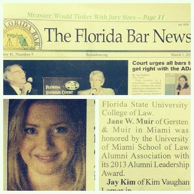 Jane Muir - featured in Florida Bar News for the University of Miami Alumni Leadership Award