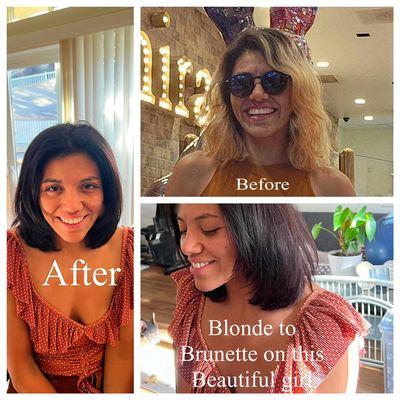 Correct her color bleach blonde to beautiful warm dark brown.