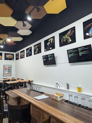 Handcrafted sound dampening hex panels hang above the bar, featuring photos of bees native to Florida.