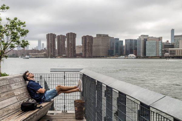 Relaxing seats by the water to take in the view by the water.