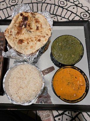 Butter naan, Chana Saag, and Butter Chicken / Chicken Makhani, plus Basmati Rice for two dishes.