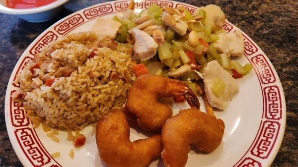 Almond chicken, prawns, and fried rice.