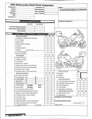 This is the check list we use to inspect your motorcycle every time it comes in for service at No Extra Charge!