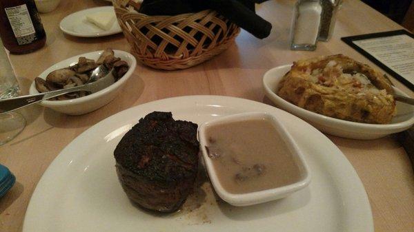 Filet Mignon, Garlic butter mushrooms, Loaded baked potato...