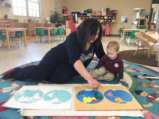 Montessori works encompase all areas of study, including geography. This student is working on the world map and it's continents.