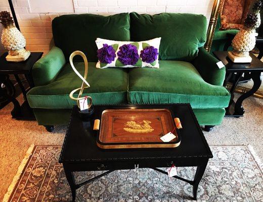 Ballard Design Green Velvet Sofa: $495