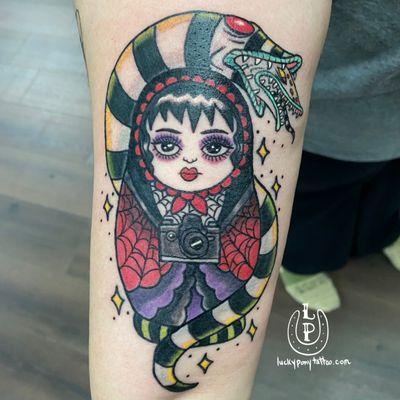 Neo-traditional Lydia Deetz tattoo. Beetlejuice, sandworm, gothic tattoo.