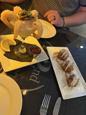 Shrimp cocktail and arancini appetizers