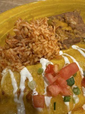 Sancho especial, refried beans, and Mexican rice