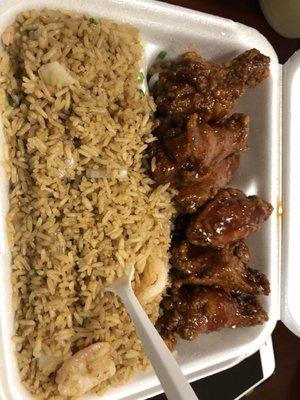 Honey cut wings and shrimp fried rice