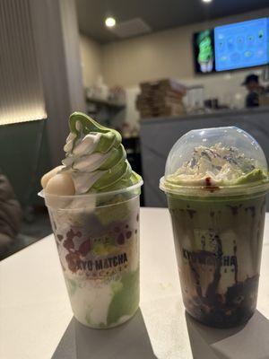 Milk & matcha parfait and matcha mocha with boba