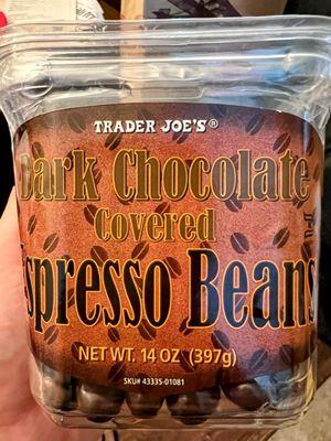 Dark chocolate covered espresso beans. Delicious and strong.