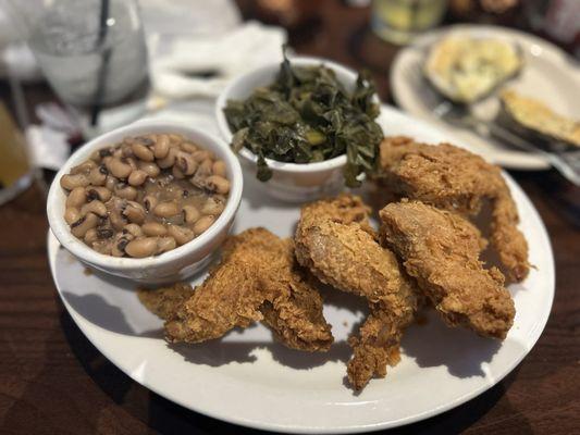 Fried chicken, black eyed peas, collard greens