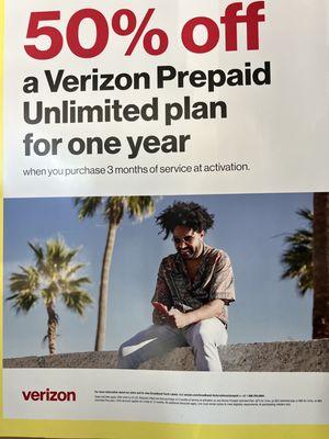 Limited time offer 50% off your Verizon prepaid bill when you sign up new customers only