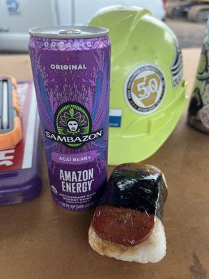 Açaí energy drink and homemade spam musubi