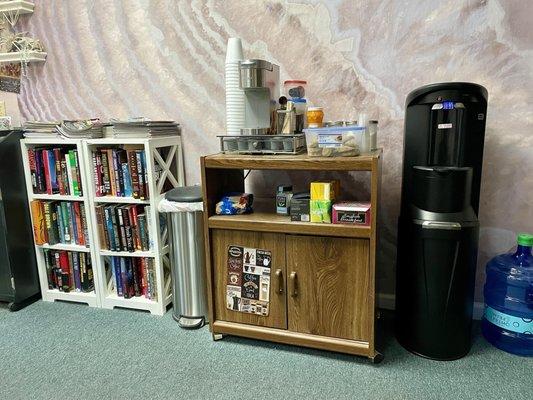 11.22.24 Nice setup of books, beverages, and often time goodies for dryer time!