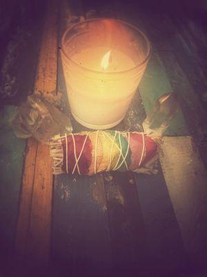 "Setting intentions, clearing energy, and inviting light.  Sage for cleansing, crystals for clarity, and candlelight to guide the way.