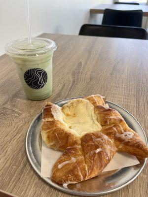 Lavender matcha latte and lemon danish