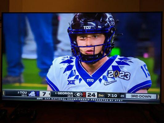 TCU quarterback Max Duggan in the College Football Playoff National Championship Game on January 9, 2023 vs Georgia. SoFi Stadium, LA. ESPN.