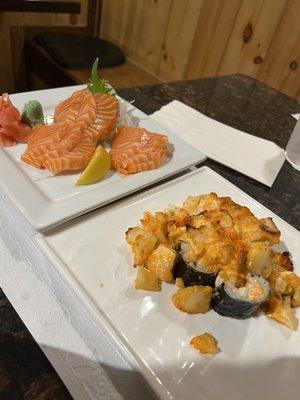 Salmon sashimi appetizer, scallop nadare