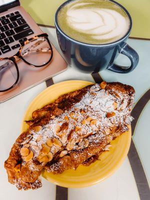 almond croissant and matcha latte