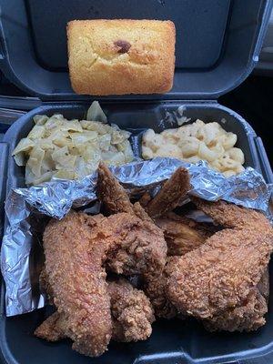 Fried Chicken (4) whole wings, Mac N Cheese, and Cabbage