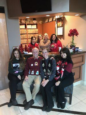 Ugly Sweater Day, December 2021 (Front Row): Veronica, Dr. Rex, Dr. Tiffany, Jackie (Back Row): Karla, Summer, Laurie, Kristen