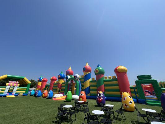 Main bounce house and plastic turf