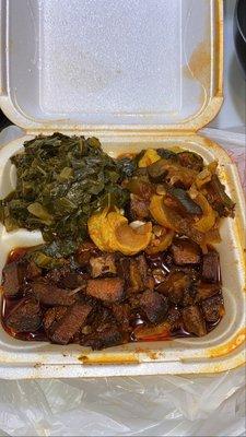 Jerk pork , collards , squash