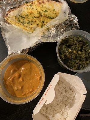 Chicken tikka masala, saag paneer, basmati rice & garlic cheese naan to go